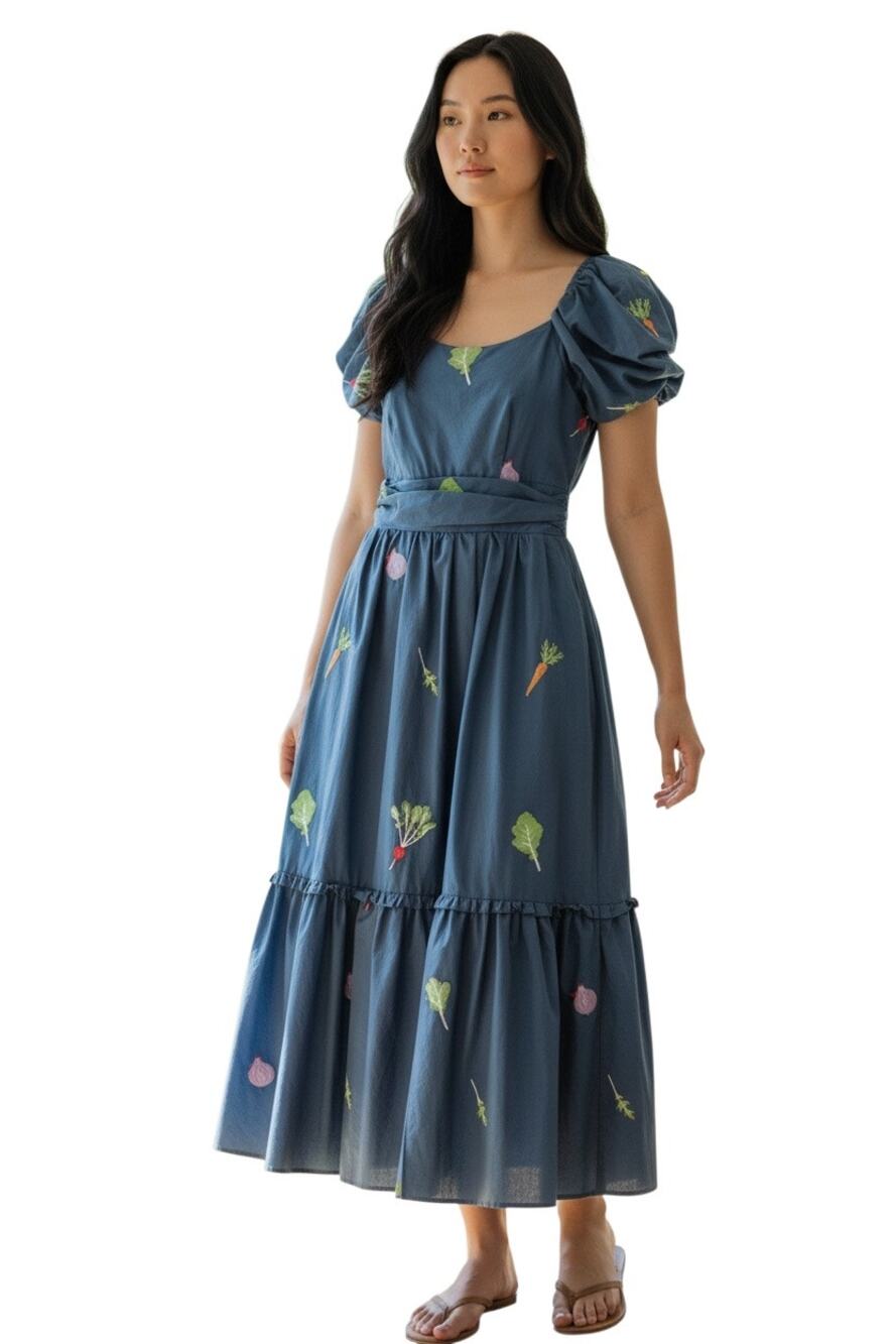 CIEBON $199 Veggie Garden Embroidered Vegetable Maxi Puff Sleeve Cotton Dress